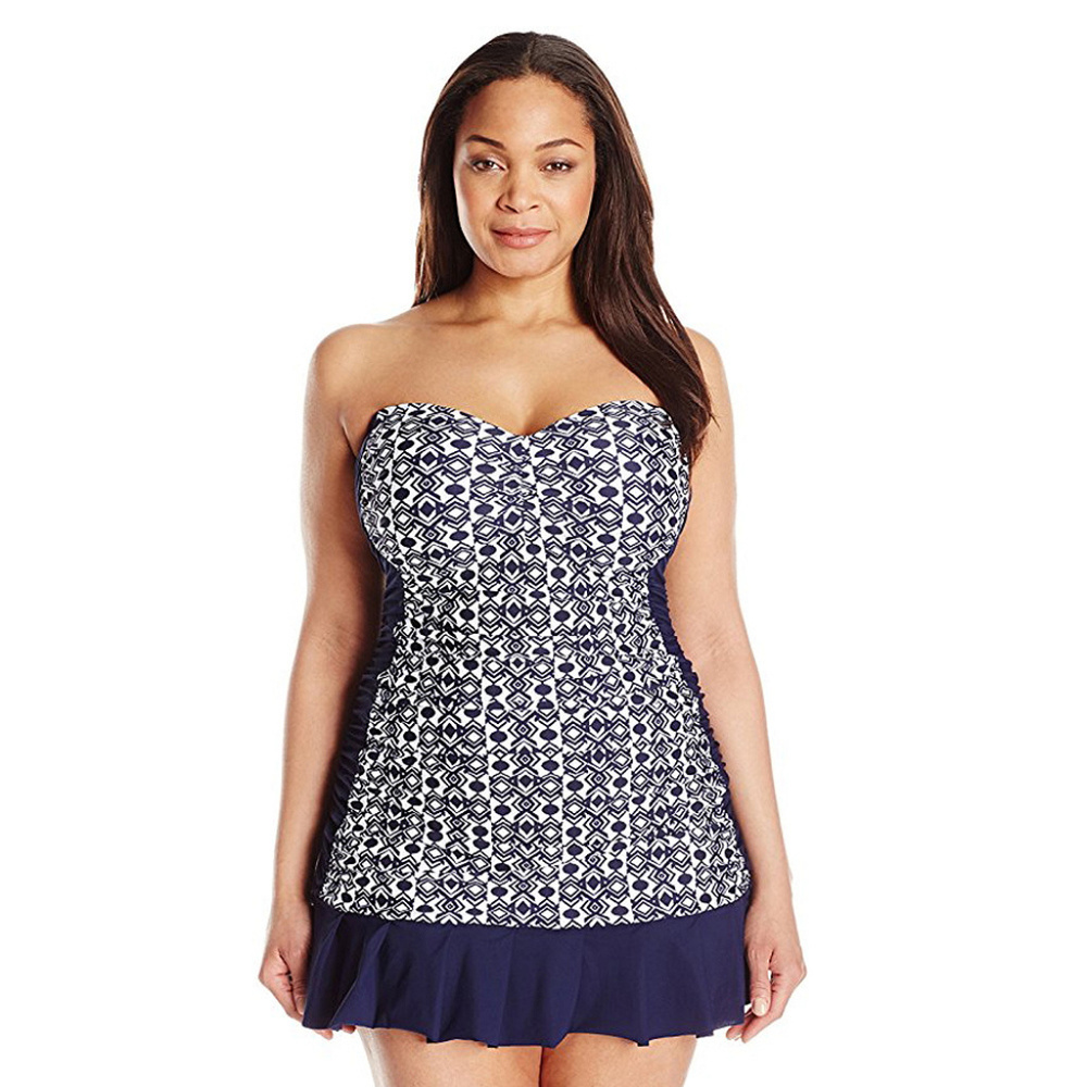 Navy Geo Strapless Cote D'Azure Swimdress 24W